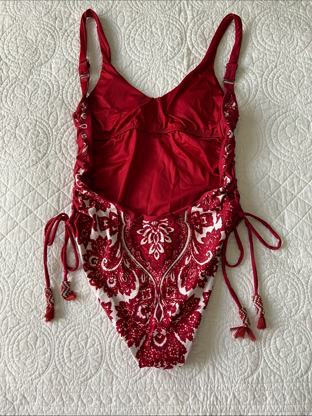 Agua Bendita Lara Bandana Print One-Piece Swimsuit with Side Lace-Up Red White M - Picture 4 of 15